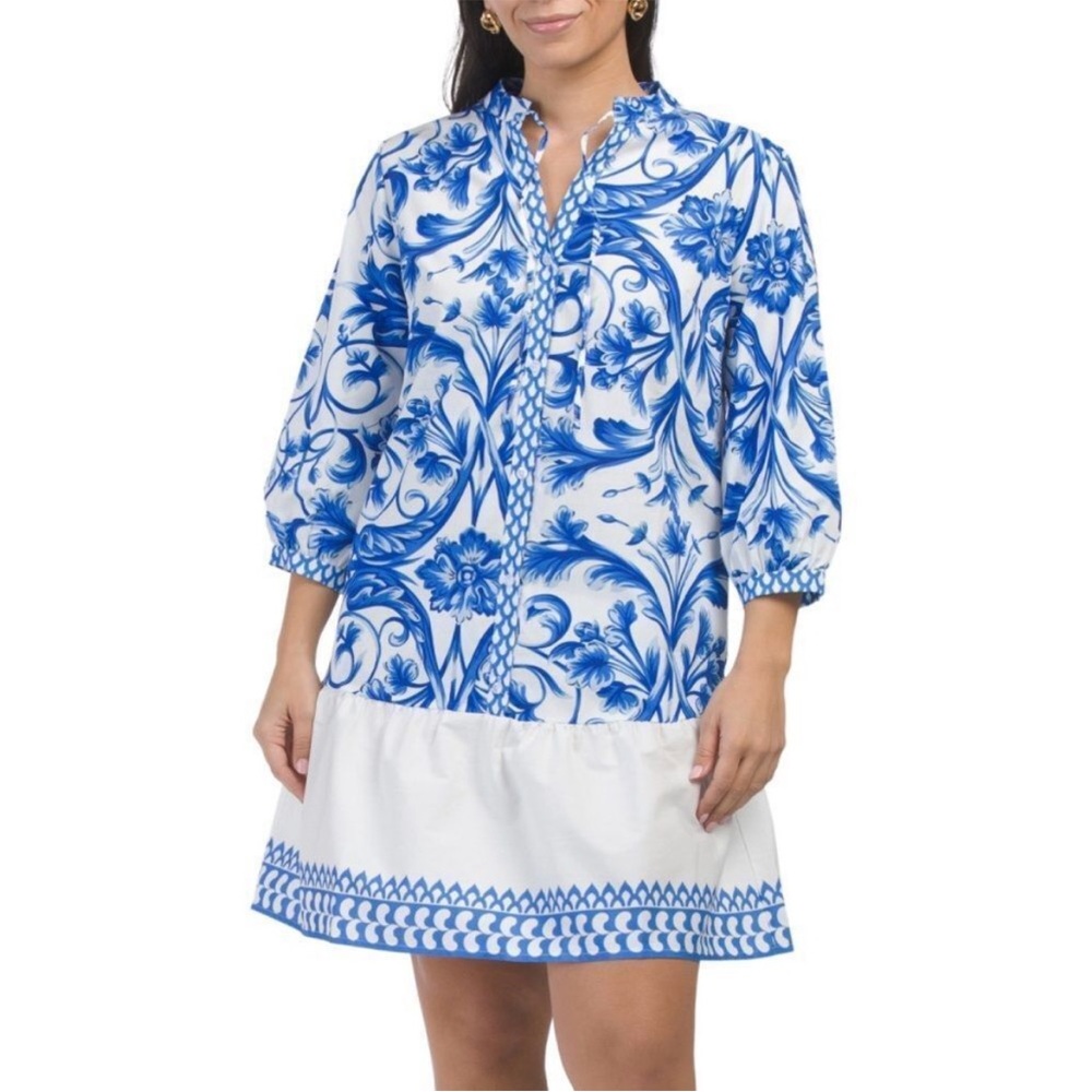LINA TOMEI Italy Long Sleeve Cotton Baroque Drop Waist Dress Blue Floral M